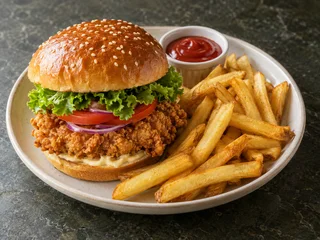 Burger crispy de pui cu cartofi prăjiți