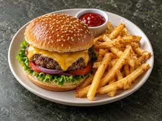 Cheeseburger cu cartofi prăjiți