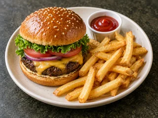 Burger de vită cu cartofi prăjiți