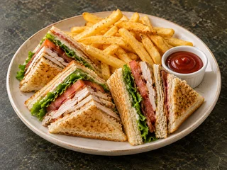 Club sandwich cu cartofi prăjiți
