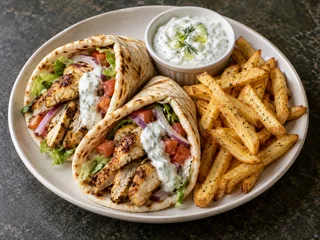Gyros de pui cu tzatziki și cartofi prăjiți