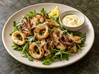 Calamar Noua Zeelandă pe plită cu rucola și aioli