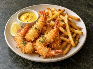 Creveți tempura cu cartofi prăjiți și aioli cu șofran